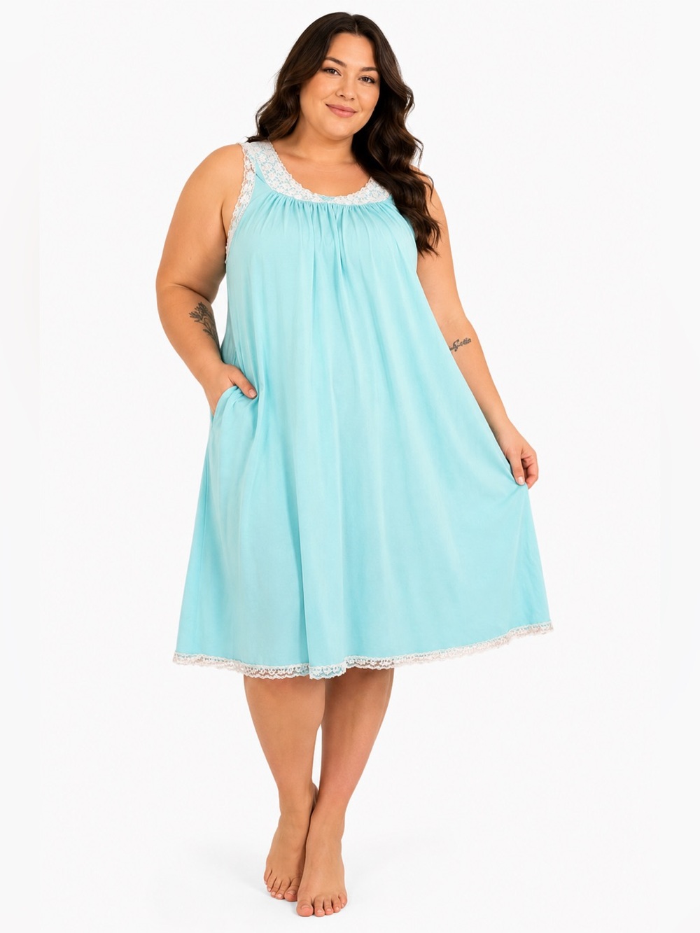 60s/70s Vintage Ter-Shé Lace Trim Slip Dress Nightgown (Aqua/White) Size 1X/2X
